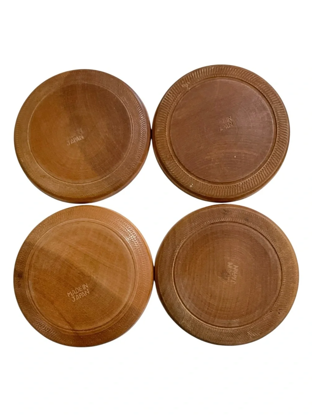 Vintage Japanese Wood Coaster Set w/ Box Hand Carved Painted Mid Century Japan